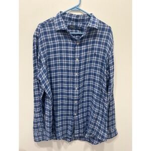 Polo Ralph Lauren Button Down Mens Large Blue Plaid 100% Linen Long Sleeve Shirt